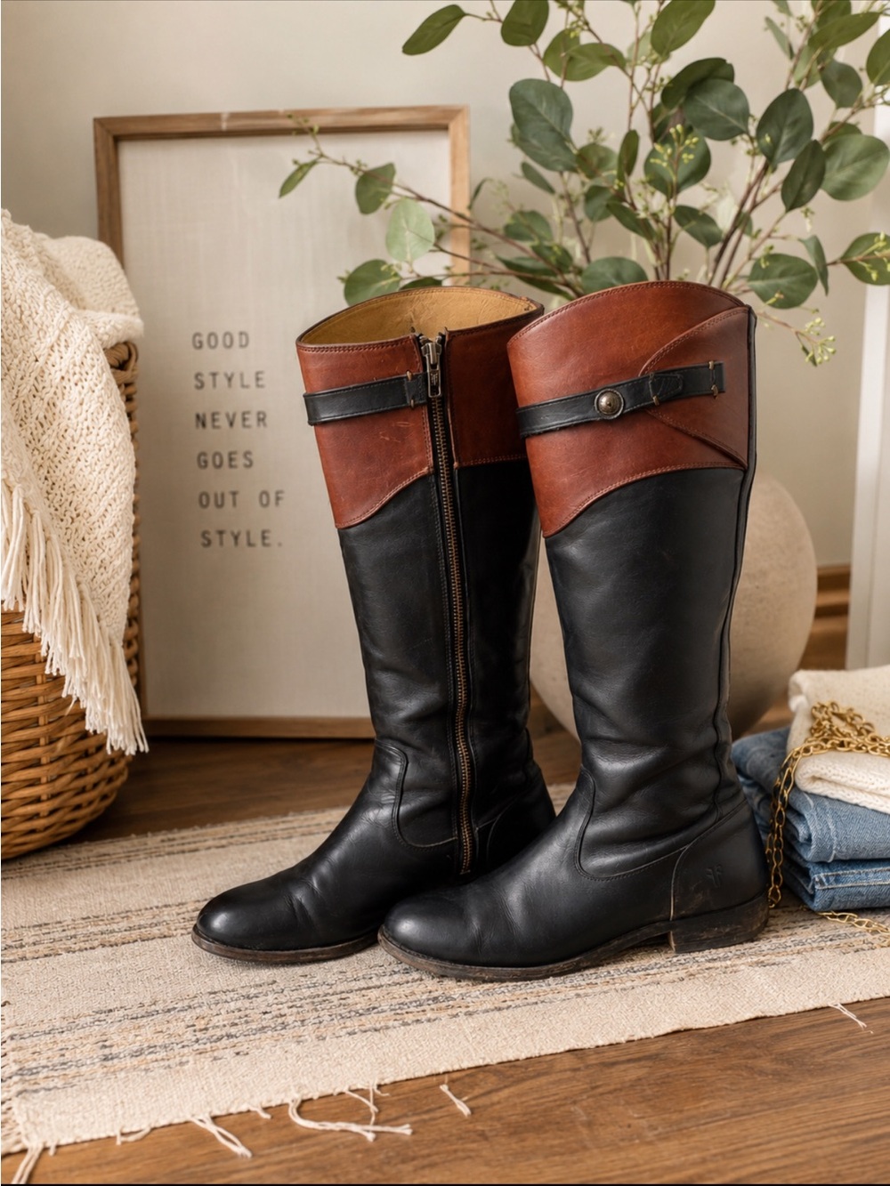 Frye Black and Brown Two-Tone Leather Rider Boots